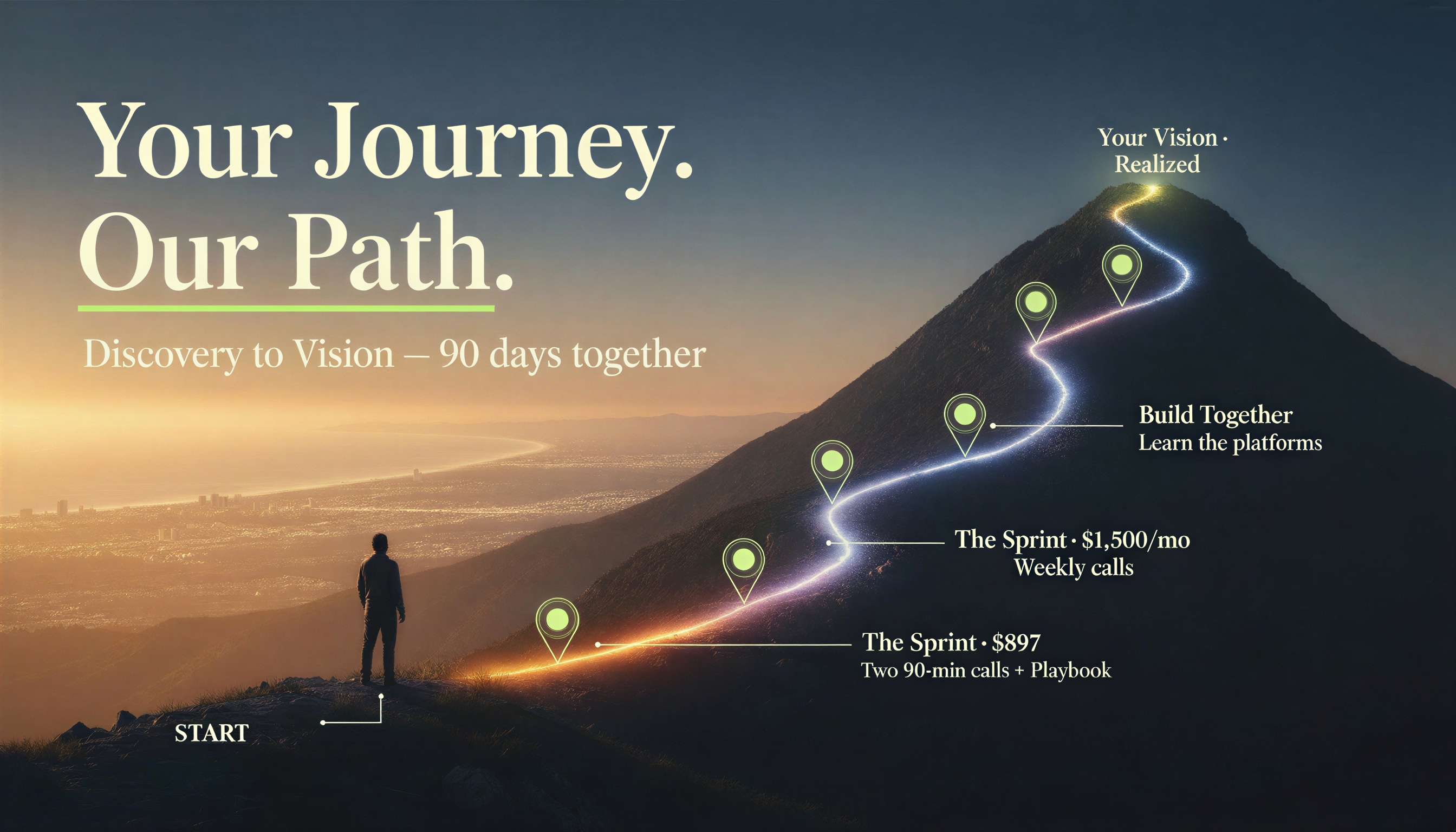 Your Journey. Our Path. From where you are to where you're going. A cinematic mountain path with waypoints: START — You're here, Discovery call, The Sprint at $897 (two 60-min calls + playbook), The Retainer at $1,500/mo (weekly calls), and Your vision realized at the summit.
